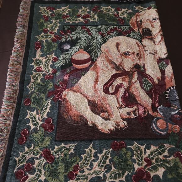 Goodwin Weavers Throw Blanket Dog Tapestry Green Christmas Cottage Vtg 44x65 USA - Picture 3 of 11